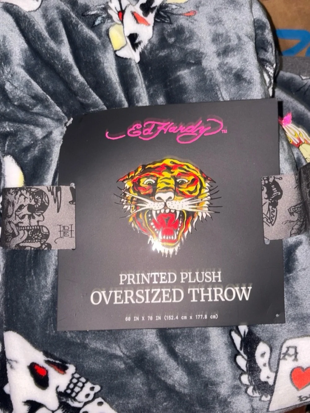 Ed Hardy Gray Plush Oversized Throw with Colorful Tiger & Skull Print